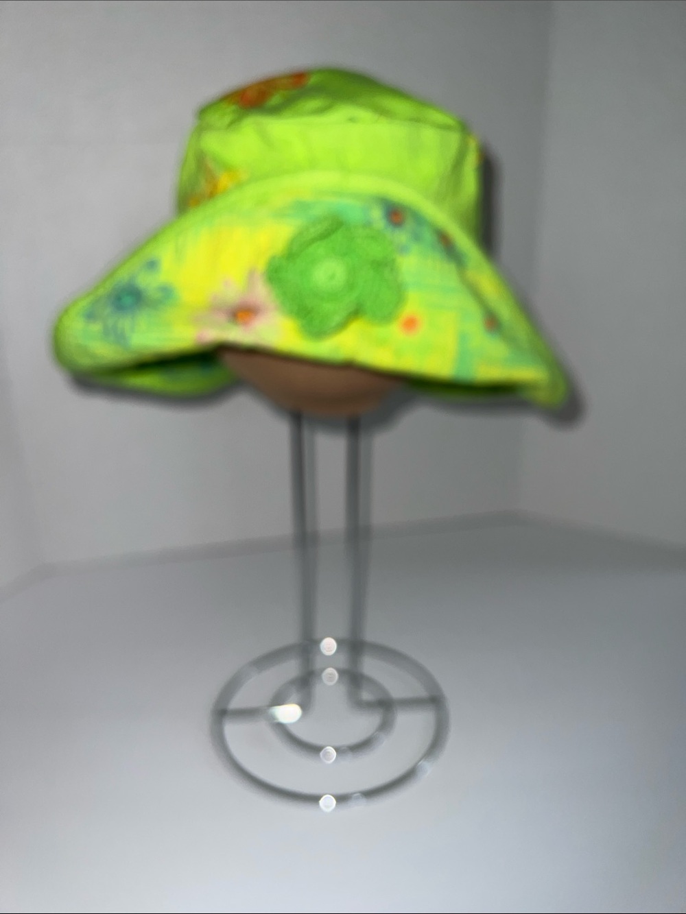 Green Floral Bucket With Knit Flower On Front